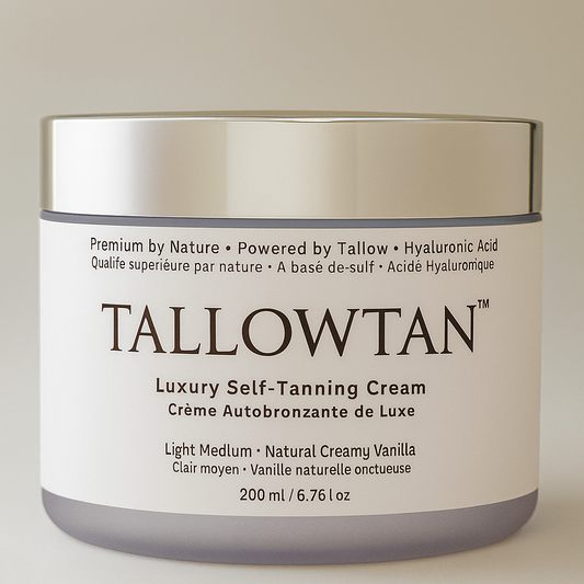 Tallowtan™ luxury self-tanning cream jar with hyaluronic acid, grass-fed tallow, and vanilla scent — 200ml clean skincare self tanner