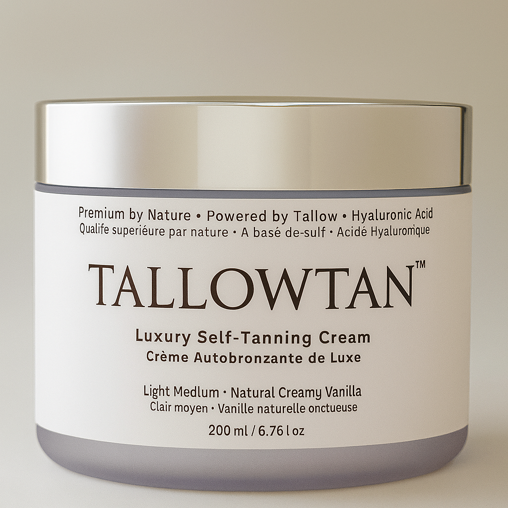 Tallowtan™ luxury self-tanning cream jar with hyaluronic acid, grass-fed tallow, and vanilla scent — 200ml clean skincare self tanner