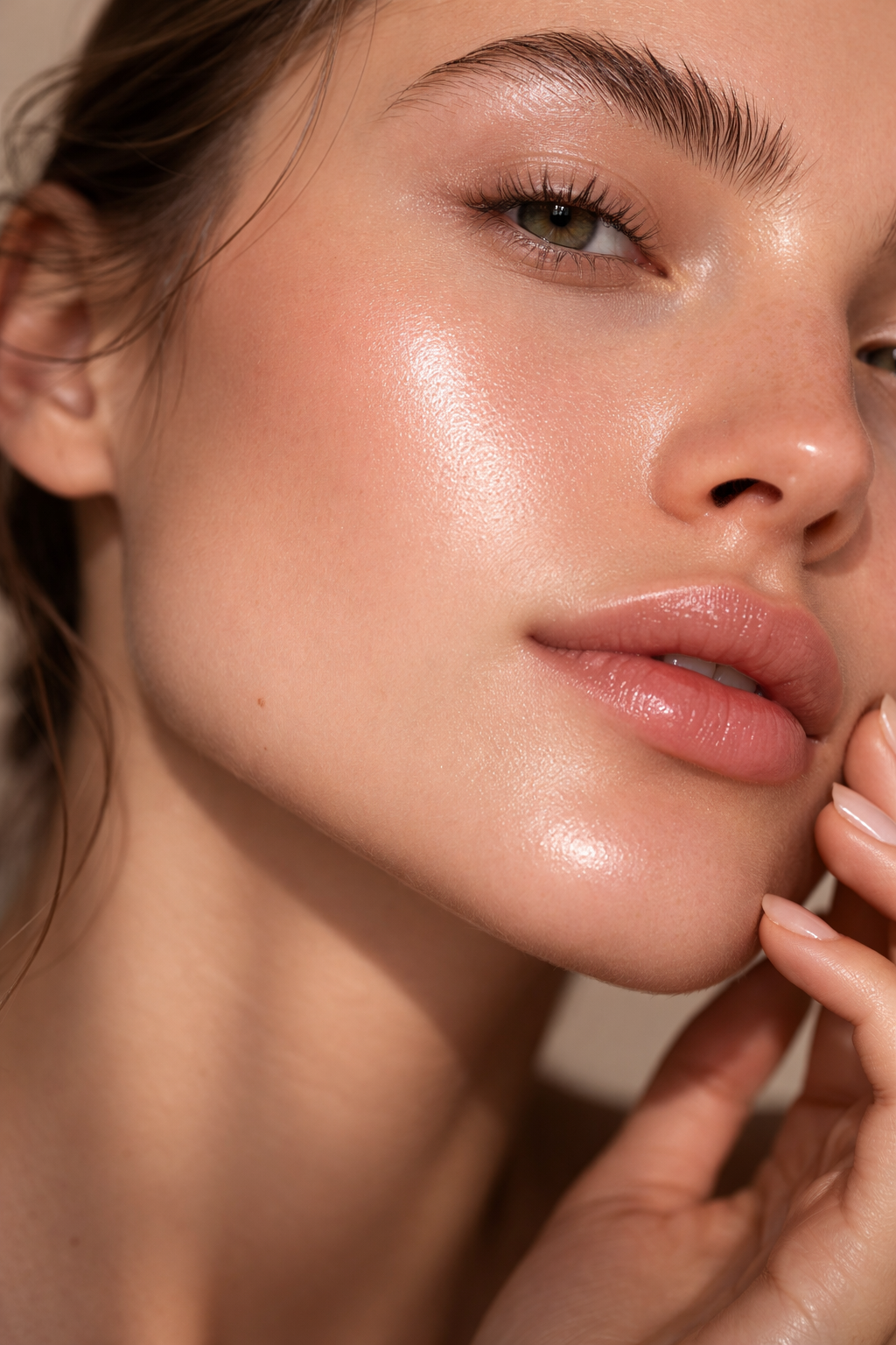 Close-up of naturally glowing skin with a soft bronzed finish showing hydrated, even tone from self tanner without dryness or irritation