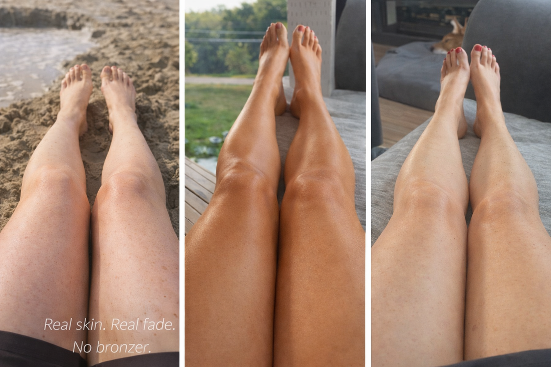 Before and after self tanner results on fair to tan skin showing natural glow without orange tones or streaking