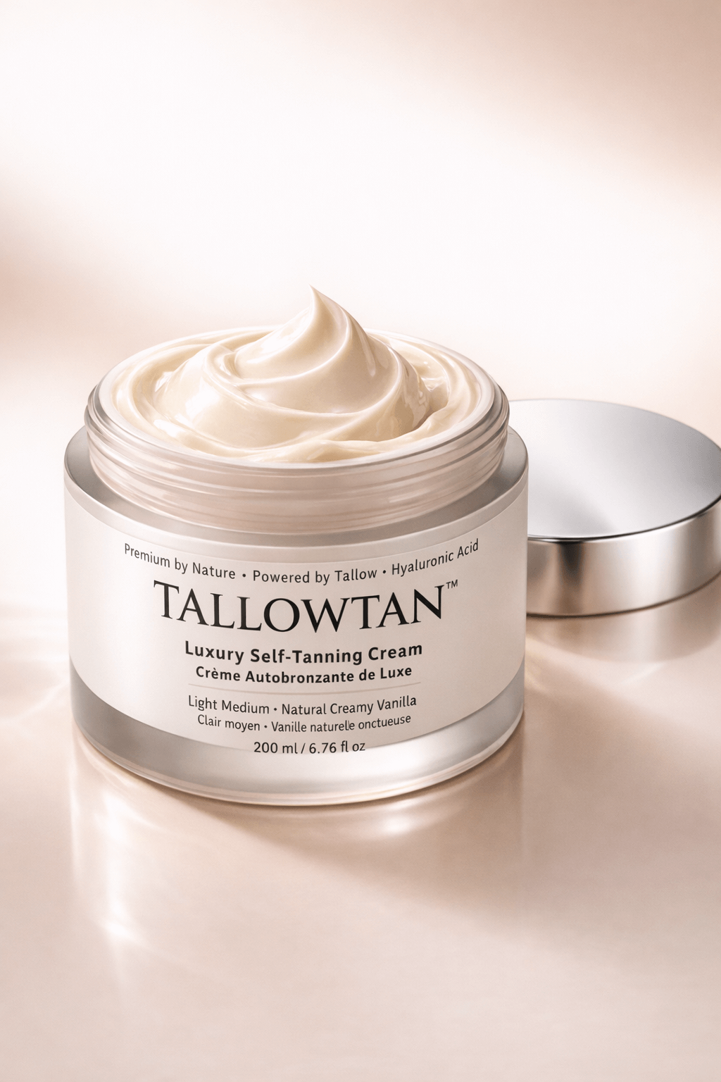 Luxury tallow skincare cream in a frosted jar on a warm champagne background