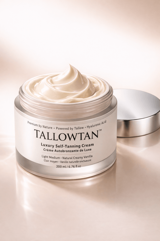 Luxury tallow skincare cream in a frosted jar on a warm champagne background