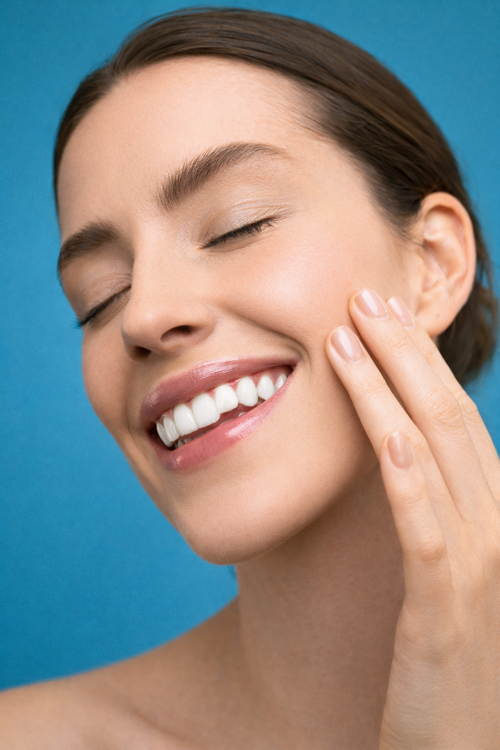 Close-up of hydrated, glowing skin with a natural, even complexion