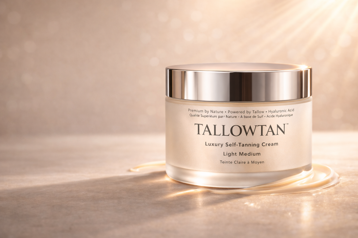 Tallowtan Light/Medium tallow self tanner 200g jar in warm golden light
