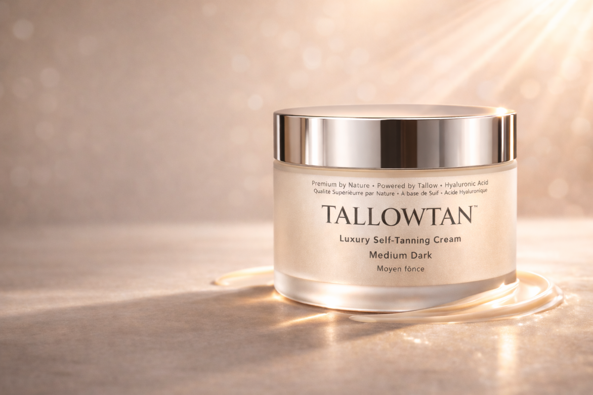 Tallowtan Medium/Dark tallow self tanner 200g jar in warm golden light