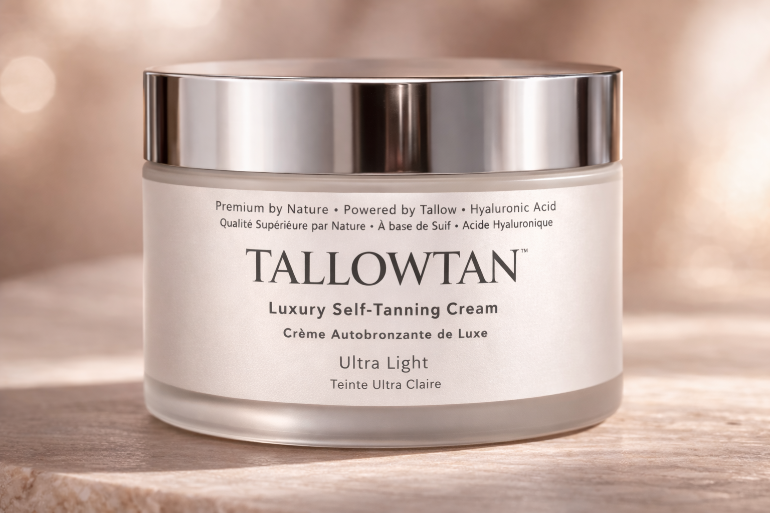 Tallowtan Ultra Light tallow self tanner 200g jar — subtle streak-free glow for very fair and sensitive skin, Made in Canada